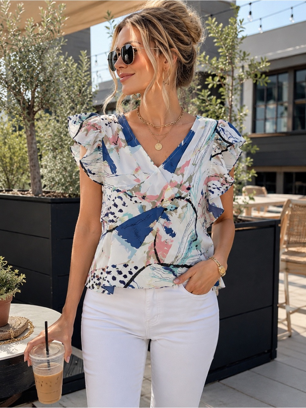 Milk & Honey Abstract Ruffle Sleeve Peplum Blouse Large Boutique